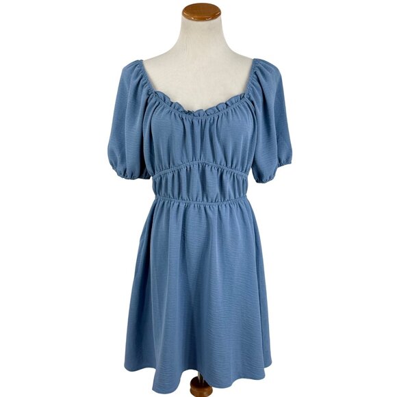 June + Hudson Blue Empire Puff Sleeve Mini Dress Cottagecore Prairie Babydoll - Picture 2 of 13
